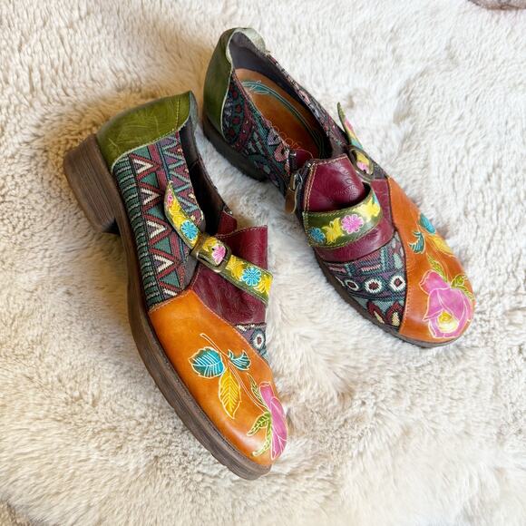 SOCOFY Leather Boho Floral Clogs Artsy Patchwork Side Zipper Size 42 US 11 - Picture 1 of 7